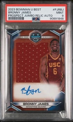 2023 Bowman University Chrome Bronny James Prospect Jumbo Relic Auto /99 PSA 9 - Image 1 of 2