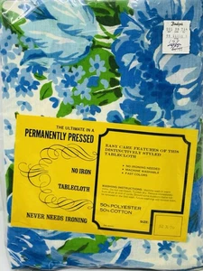NOS VTG 60s 70s Groovy Mid Mod Floral Tablecloth Bright Blues & Greens 52 x 70 - Picture 1 of 5