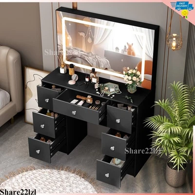 Juego de tocador escritorio con espejo grande de luz LED 7 cajones mesa para tocador de dormitorio Foto 1 de 4
