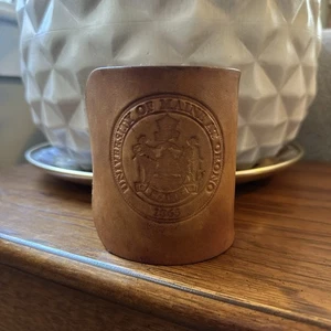 Vintage University of Maine Orono Leather Snap Glass Mug Cuff Engraved by Surtan - Picture 1 of 10