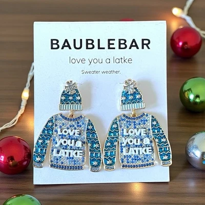 Baublebar Love You A Latke Earrings Blue Silver Glass Hanukkah Holiday Sweater Foto 1 de 4
