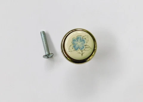 Vintage White Cream Porcelain Brass Ceramic Drawer Knob 1" Blue Flower MORE Cover