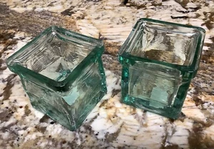 Vintage 2 Glass Cube Candle Holders 3” Made In Spain Green Thick Pair Authentic - Picture 1 of 24