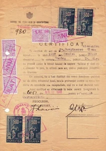 Romania, 1946, Nationality / Good Standing Certificate - Revenue Fiscal Stamps - Picture 1 of 2