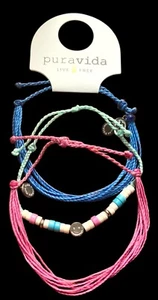 3 Pera Vida Cord Adjustable Bracelets Blue Pink Ocean Beads Sand Summer Beach - Picture 1 of 1