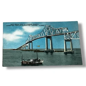 Tarjeta postal Main Bridge Span of Sunshine Highway Florida Linen Card A254 - Imagen 1 de 2