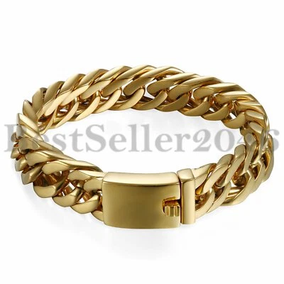 Brazalete de identificación de muñeca con cadena cubana de acero inoxidable dorado pesado para hombre 8,7" Foto 1 de 4