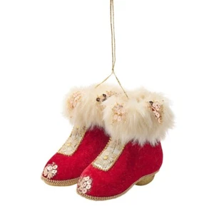 LARGE Red Velvet Sequinned Christmas Boots Victorian Style Tree Bauble - 15cm - Picture 1 of 2