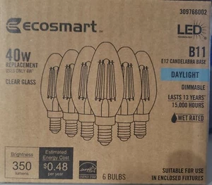 Ecosmart 40-Watt Equivalent B11 Dimmable Clear Glass Filament Vintage E12 Base - Picture 1 of 2