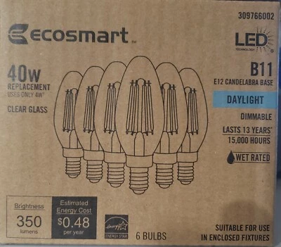 Ecosmart 40-Watt Equivalent B11 Dimmable Clear Glass Filament Vintage E12 Base - Image 1 of 2