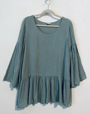 Easel Top Womens Medium Green Peplum Hem Long Bell Sleeve Gauzy Boho Peasant - Image 1 of 4