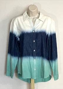 New! Chicos 2 (L/ 12) Tie Dye Indigo Ombre Shirt Long Sleeve Button-Up MSRP$99 - Picture 1 of 8