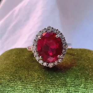 3.45 Ct Oval Cut Natural Ruby & Diamond Engagement Ring 18K White Gold Size 7 - Picture 1 of 7