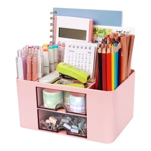 Plastic Pen Organizer, Multifunctional Desk Organizer with 2 Drawers, 4 Compa... - Picture 1 of 8
