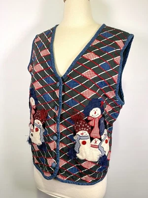 Vintage 90s Paul Harris Snowman Christmas Vest XL Quilted Patchwork Holiday - Image 1 of 4