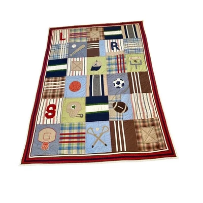 Pottery Barn Kids Plaid Sports Full Size Patchwork Quilt  86" X 65" - Image 1 of 4