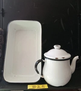 Vintage White & Black Enamelware Tea Pot Pan Kitchen Decor Asahi Japan Rare HTF - Picture 1 of 11