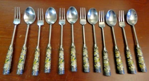 Vintage Korean Serveware Cloisonné Set Of 12 Spoons & Forks Black Green Yellow - Picture 1 of 8