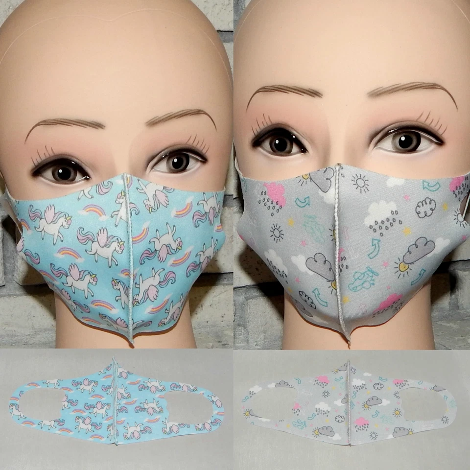 LOT OF 2 KIDS GIRLS BOYS UNICORN & CLOUDS WASHABLE STRETCH FACE MASK INDIANA - Image 1 of 1