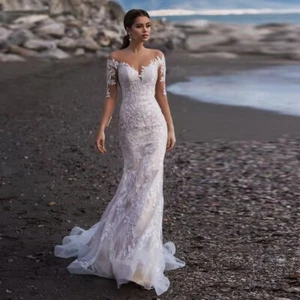 Customized Long sleeves Mermaid Beach Wedding Dresses Lace Stain Bridal Gown Hot - Picture 1 of 17
