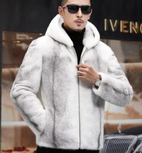 Mens Mink fur coat jacket overcoat short mink coat hooded Zip thick warm Winter - Picture 1 of 19