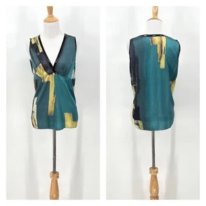 ROZAE NICHOLS Printed Silk Tank Top Womens 4 Blue Green Yellow Watercolor V-neck - Picture 1 of 14