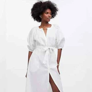 Madewell Button Front Midi Dress S Poplin White Cotton Blend Tie Waist Balloon - Picture 1 of 11