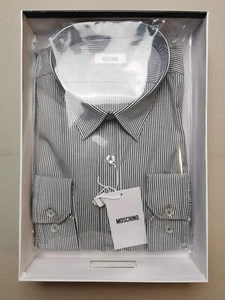 MOSCHINO Mens UK 17 IT 43 Grey White Striped Shirt (BNIB) Long Sleeve Collared - Picture 1 of 10