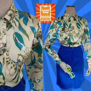 70er Jahre Bluse blau Blumen Paisley Satin Dolchkragen Bluse Uk 14 - Bild 1 von 12