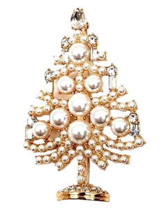 Broche prendedor árbol de Navidad NAPIER perla y diamantes de imitación tono dorado firmado - Imagen 1 de 5