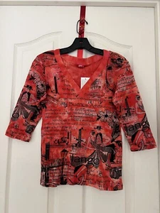 NWT Glima Cotton V-Neck Tee Top Printed Tie Dye Red 3/4 Sleeves Sz S “Tango” - Picture 1 of 4