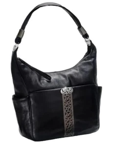 BRIGHTON CONTEMPO CAITLYN BLACK BRONZE LEATHER LACE ACCENT SHOULDER BAG HOBO$350 - Picture 1 of 16