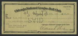 1919 Tom Daly signierter Chicago Cubs Baseball Gehaltsabrechnungsscheck SELTEN (gestorben 1946) - Bild 1 von 2