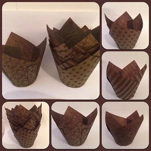 50 estuches para pasteles con forma de tulipán con patrón marrón y dorado para hornear - Imagen 1 de 1