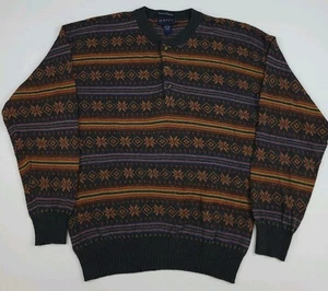 Vintage 90s Gant 100% Cotton Knit Henley Sweater Vtg Multicolor Pattern USA - Picture 1 of 6