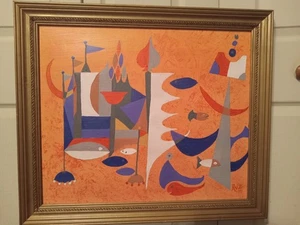 Large Vintage '71 Abstract Modernist Oil On Canvas signed AVZ Framed 24" X 28" - Picture 1 of 10
