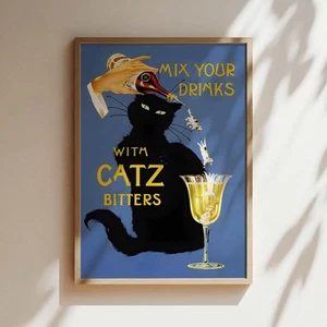 Catz Bitters Art Print Poster Canvas, Blue Cat Posters, Kitchen Home Decor, Blac - Picture 1 of 16