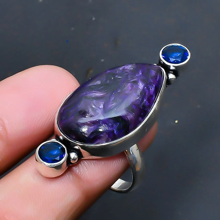 Anillo Joyería Hecho a Mano Charoite Ruso, Topacio Azul EE. UU. Talla 8.5 V890 Foto 1 de 3