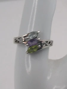 Tres Piedras Marquesa Amatista Topacio Peridoto 925 Esterlina Rollo Abierto Talla 7.75 - Imagen 1 de 9