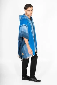 Alpaca Wool Poncho - Unisex Design Poncho - Hooded Poncho - Blue & Black - Picture 1 of 7