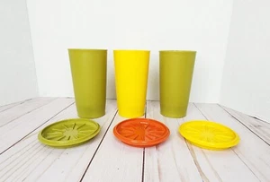 Vintage Set Of  3Tupperware Harvest Tumblers Cups W/ Coasters - Picture 1 of 5