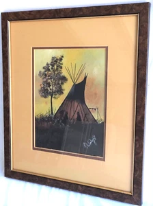 Litografía firmada a mano enmarcada Tipi nativo americano Tillier Wesley al atardecer - Imagen 1 de 9