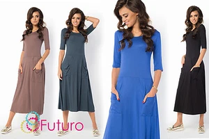 Ladies Casual Wear to Work Round Neck Half Sleeve Tea Length Office Dress FM30 - Imagen 1 de 6