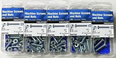 Hillman Cabeza Pan Phillips Tornillos y Tuercas para Máquina 8-32X3/4 Lote de 5 Paquetes Foto 1 de 4