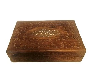 Vintage handgeschnitzt Holz aufklappbar Andenken Box Schmuck Blumen Intarsien Indien 12" x 8" - Bild 1 von 8