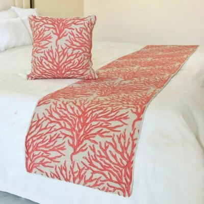 Designer Pink Linen Twin Bed Runner, Coral, Pearl - Coraline Pearls - Image 1 of 4