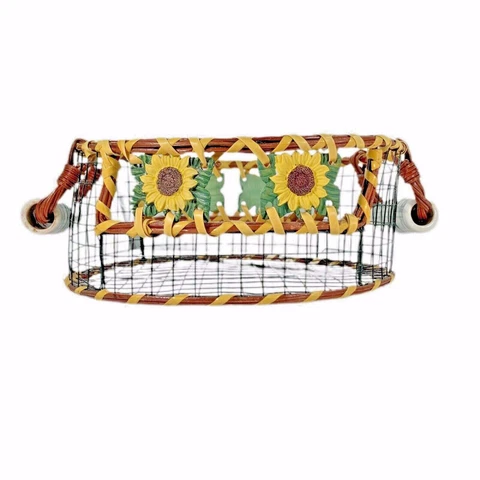 Basket Round Wire Wicker Trim Sunflowers Country 9” Dia 4” Tall Ceramic Handles Cover