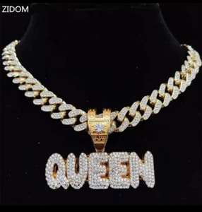 Collar con colgante de letras de la Reina y el rey, cadena cubana de Miami de 13 - Imagen 1 de 10