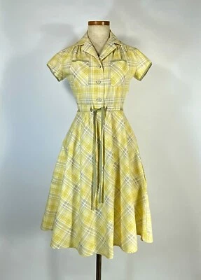 Vintage 1960's COTTON yellow & grey check plaid shirtdress with belt Petite-size - Image 1 of 4