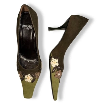Vintage Moschino Green Suede Kitten Heels with Floral & Sequin Embellishments - Image 1 of 4